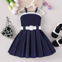 Little girl summer elegant solid color simple back collar contrast color suspender dress + belt two-piece set  Navy Blue