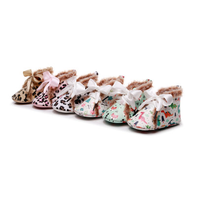 Baby Girl Faux Fur High-top Leopard and Floral Pattern Bowknot Decor Soft ETC Soles Cotton-padded Lace-up Shoes