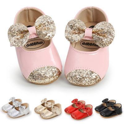 Baby Girl PU Leather Sequins Toe Bowknot Decor Velcro Shoes