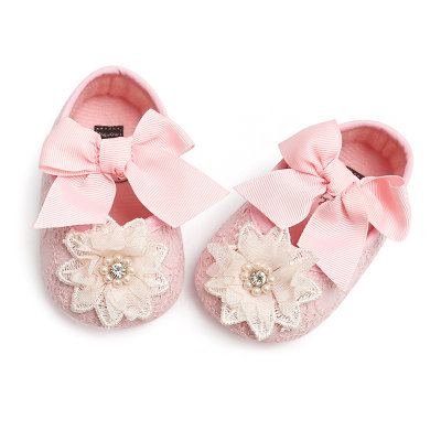 Baby Girl Flower Pattern Lace Spliced Bowknot Decor Slip-on Shoes