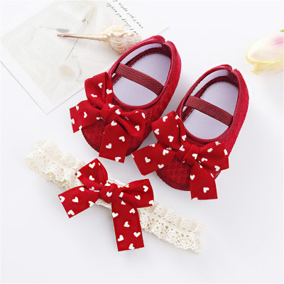 Baby Girl Heart Print Bowknot Shoes with Headband