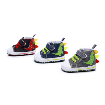 Baby Color-block Dinosaur Pattern Soft Sole High-top Velcro Canvas Shoes