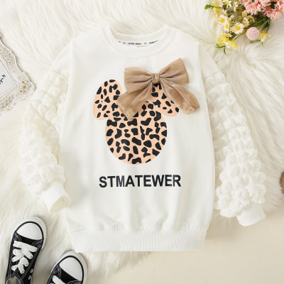 Kid Girl 100% Cotton Leopard Mickey Letter Printed Bowknot Decor Long Sleeve Sweatshirt