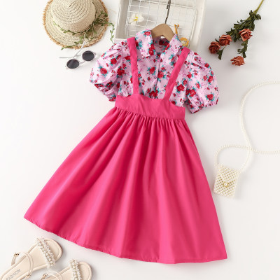 Traje de falda con tirantes y camisa con manga abullonada floral dulce de verano para niñas