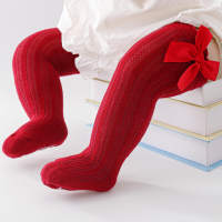 Girl Bowknot Decor Letter Print Knee-High Stockings  Red
