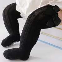 Girl Bowknot Decor Letter Print Knee-High Stockings  Black