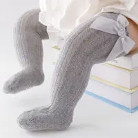 Girl Bowknot Decor Letter Print Knee-High Stockings  Grey