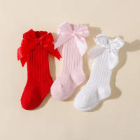 Calcetines hasta la rodilla con decoración de lazo de color liso para bebé de 3 piezas  Multicolor
