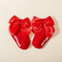 Baby Girl Pure Cotton Solid Color Bowknot Decor Non-slip Socks  Red