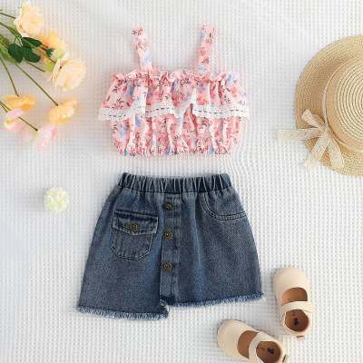 2-piece Toddler Girl Floral Lace Spliced Cami Top & Denim Skirt