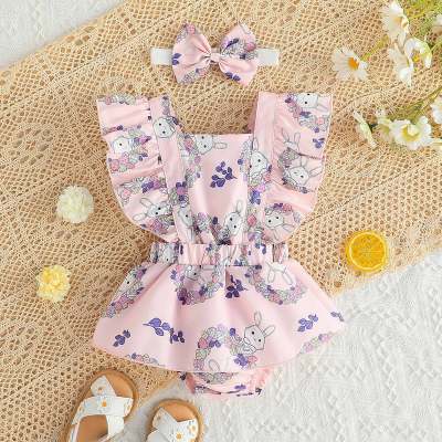 2-piece Baby Girl Allover Floral and Bunny Printed Square Neck Sleeveless Romper & Bowknot Headwrap
