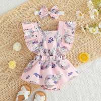 2-piece Baby Girl Allover Floral and Bunny Printed Square Neck Sleeveless Romper & Bowknot Headwrap  Pink