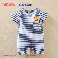 هيبوبي × بيبي شارك Baby Cartoon Print & Stripes بذلة قصيرة الأكمام من القطن ملابس الأولاد والبنات لعيد الفطر 2022 أزرق