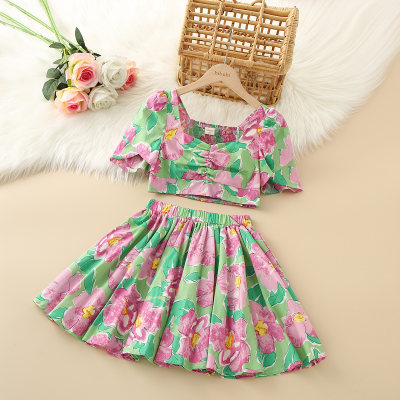 Kid Girl Flower Print Top & Skirt