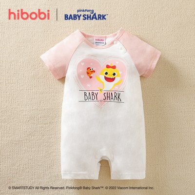 Hibobi × Babyshark جمبسوت قطني بأكمام قصيرة مطبوع عليه رسوم كرتونية للفتيات الصغيرات