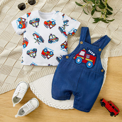 2-piece baby boy car embroidered bib pants and transportation print T-shirt set