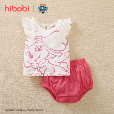 hibobi×PAW Patrol Baby Girl Conjunto de camiseta y pantalones de algodón de manga corta con estampado de dibujos animados y volantes