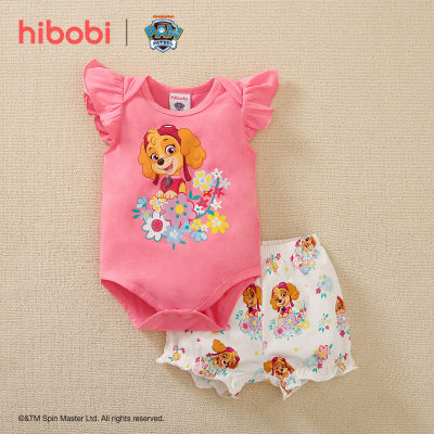 hibobi×PAW Patrol Baby Girl Conjunto de mono y pantalones triangulares de algodón de manga corta con estampado de dibujos animados y volantes