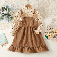 2-piece Kid Girl Pure Cotton Allover Floral Pattern Mock Neck Long Sleeve Top & Solid Color Corduroy Bear Decor Suspender Dress  Coffee