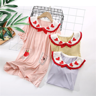 Vestido de pijama con lazo en forma de corazón con bloque de color de dibujos animados dulces de verano para niñas y niños