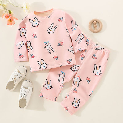 2-piece Toddler Girl Allover Rabbit Pattern Fleece-lined Long Sleeve Top & Pants Pajama Pants