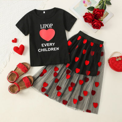 2-piece Kid Girl Pure Cotton Letter and Heart Printed Short Sleeve T-shirt & Allover Printing Mesh Patchwork Dress