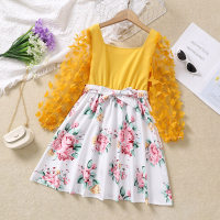 Vestido de manga longa floral de verão para crianças meninas doces borboleta  Amarelo