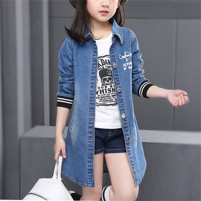 Kid Girl Plane and Letter Printed Striped Patchwork Shirt Collar Long Denmin Jacket