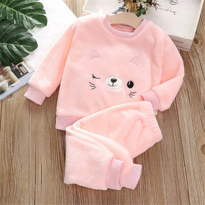 2-piece Toddler Girl Flannel Solid Color Cat Style Fleece-lined Top & Matching Pants