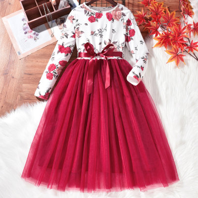 Vestido de manga larga de patchwork de malla con patrón floral para niña