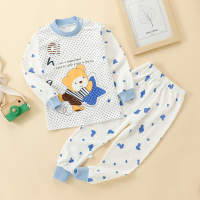 Children's Bear Printed Polka Dots Long Sleeve T-shirt & Pants Home Set  Blue