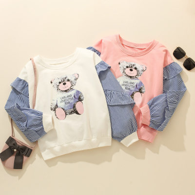 Girl Kids Bear & Cowboy Striped Patched Sweater