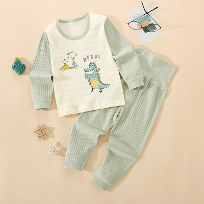 Conjunto de pijama de 2 peças para meninos de algodão puro em bloco colorido com estampa de dinossauro sem costura, blusa de manga comprida e calça combinando