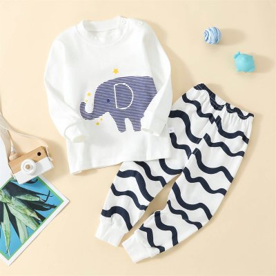 Camiseta de manga larga con estampado de elefante de 2 piezas para niño pequeño 100% algodón y pantalones a rayas