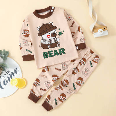 2-piece Toddler Boy 100% Cotton Color-block Bear Printed Long Sleeve Home Wear Top & Allover Cartoon Bear Printed Pants