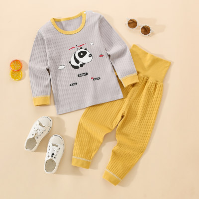 2-piece Toddler Boy Pure Cotton Panda Pattern Seamless Long Sleeve Top & Solid Color Pants