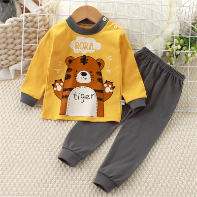 Camiseta de manga larga con estampado de tigre de dibujos animados de 100% algodón para niño pequeño de 2 piezas y pantalones sólidos