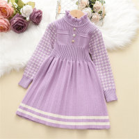 Kid Girl Ruffled Collar Knitted Dress with Houndstooth Sleeves  Purple