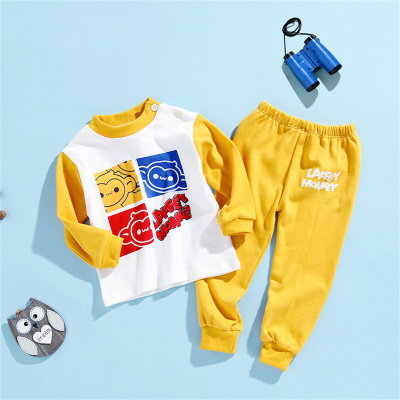 Conjunto infantil de camiseta y pantalón de manga larga con bloques de colores y estampado animal para niños
