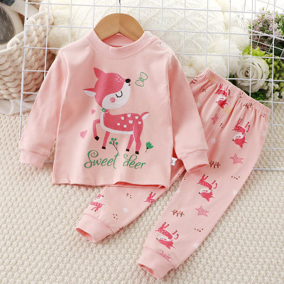 2-piece Toddler Girl Pure Cotton Cartoon Animal Pattern Top & Polka Dotted Pants