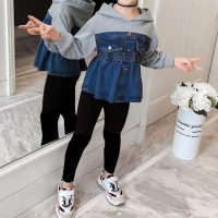 2-piece Kid Girl Color-block Denim Patchwork Button Front Hooded Sweatshirt & Solid Color Leggings  Gray