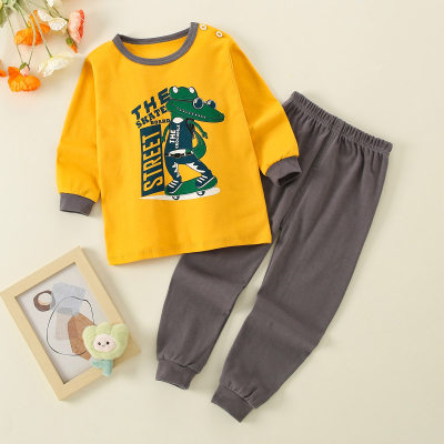 2-piece Toddler Boy Pure Cotton Letter and Dinosaur Pattern Top & Solid Color Pants