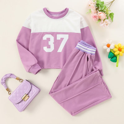 2-piece Kid Girl Pure Cotton Color-block Letter Pattern Sweatshirt & Matching Loose Pants