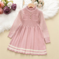 Kid Girl Ruffled Collar Knitted Dress with Houndstooth Sleeves  Pink