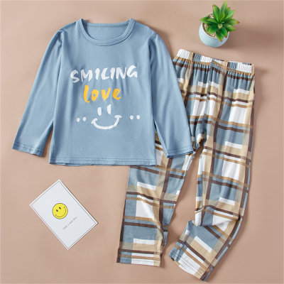 2-piece Toddler Boy Modal Smiley Letter Printed Long Sleeve Top & Plaid Cropped Pants