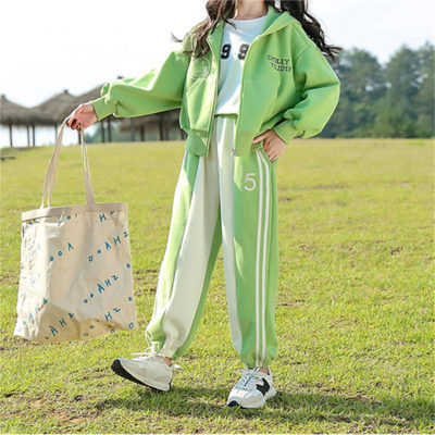 2-piece Kid Girl 100% Cotton Letter Printed Hooded Zip-up Jacket & Stripe Drecor Numer Printed Pants