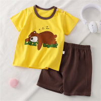 2-piece Toddler Boy Pure Cotton Striped Letter and Crocodile Printed Short Sleeve T-shirt & Matching Shorts  Yellow