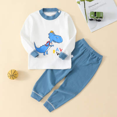 2-piece Toddler Boy 100% Cotton Color-block Dinosaur Printed Long Sleeve Top & Solid Color Pants