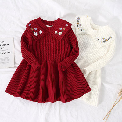 Kid Girl Solid Color Floral Embroidered Lapel Long Sleeve Sweater Dress