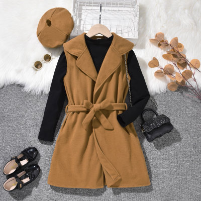 3-piece Kid Girl Pure Cotton Solid Color Top & Lapel Long Sleeveless Jacket & Matching Beret